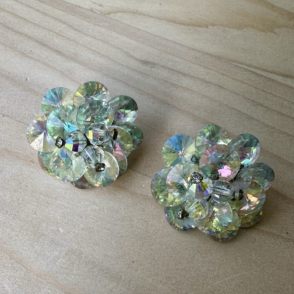 VTG Vendome Coro Clip Earrings 1.125 Inch Aurora Borealis Rivoli Crystals Signed